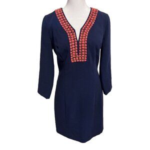 Lilly Pulitzer Bennet Dress Sz 4 Navy Blue W/ Coral Beads, Knee Lgth. STUNNING!